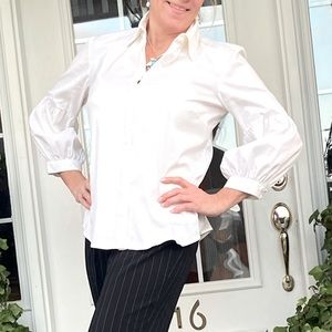 Mimi Maternity Dressy white button up blouse with bishop sleeves.